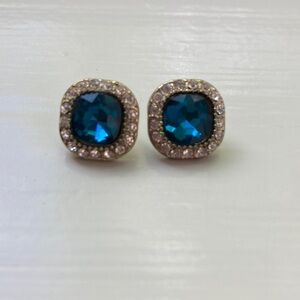 Fashion Jewelry Blue Stone with Clear Stone Accent Halo Gold Tone 1/2” Earrings